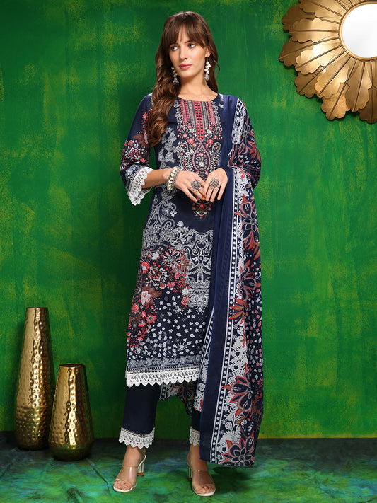 Pakistani Printed Kurta With Pant & Dupatta, Blue - Hiral Fashion