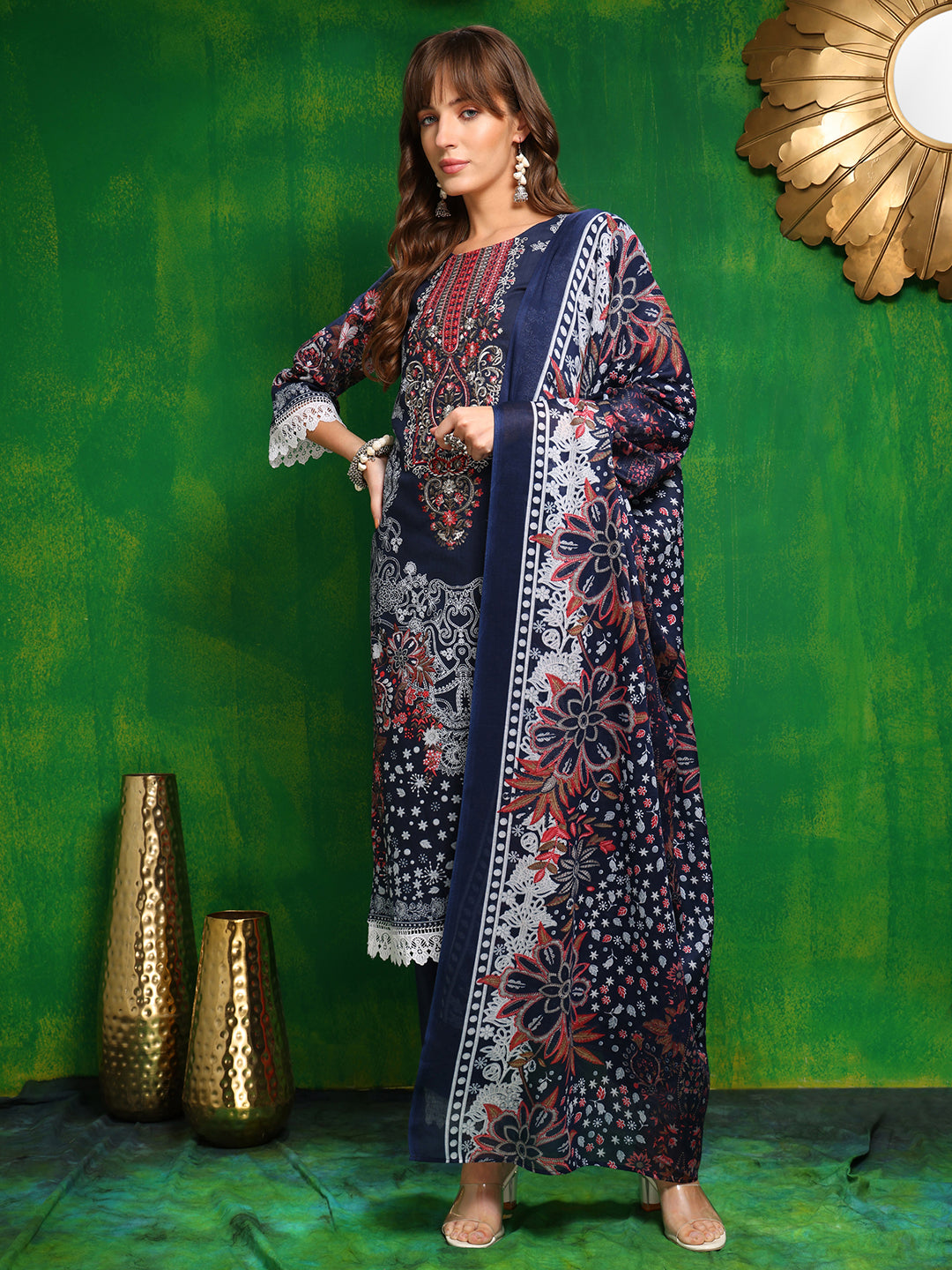 Pakistani Printed Kurta With Pant & Dupatta, Blue - Hiral Fashion