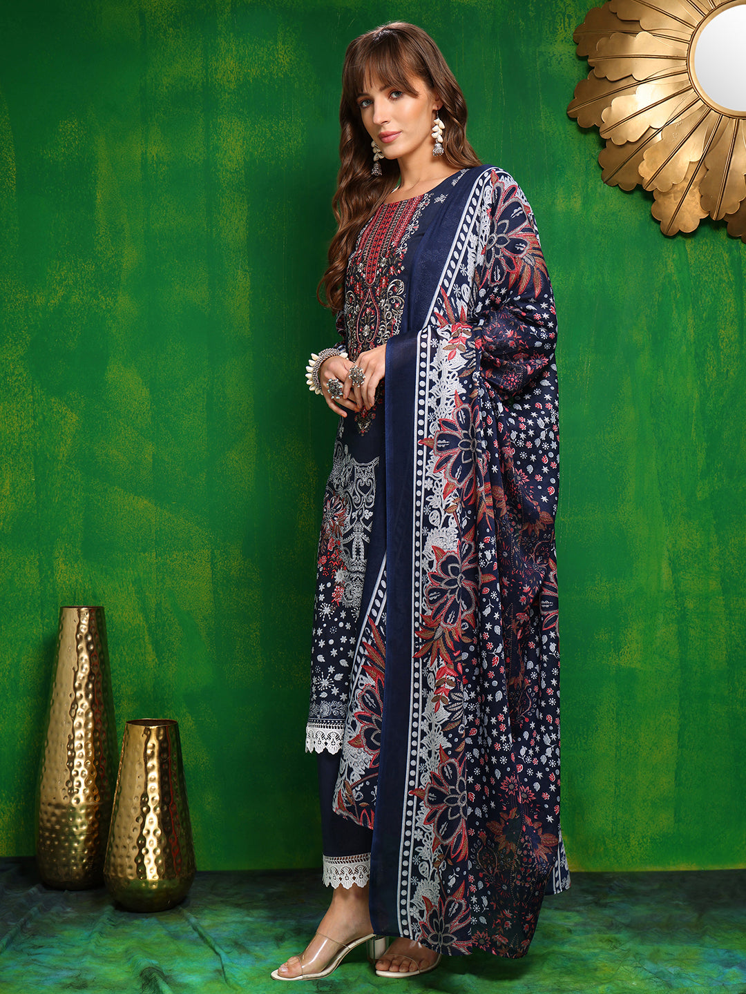 Pakistani Printed Kurta With Pant & Dupatta, Blue - Hiral Fashion