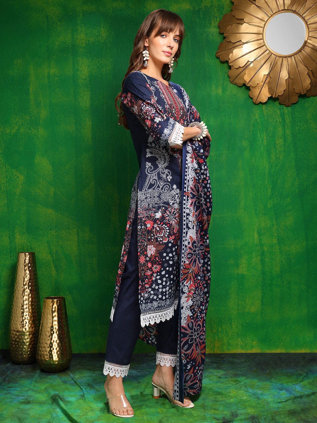 Pakistani Printed Kurta With Pant & Dupatta, Blue - Hiral Fashion