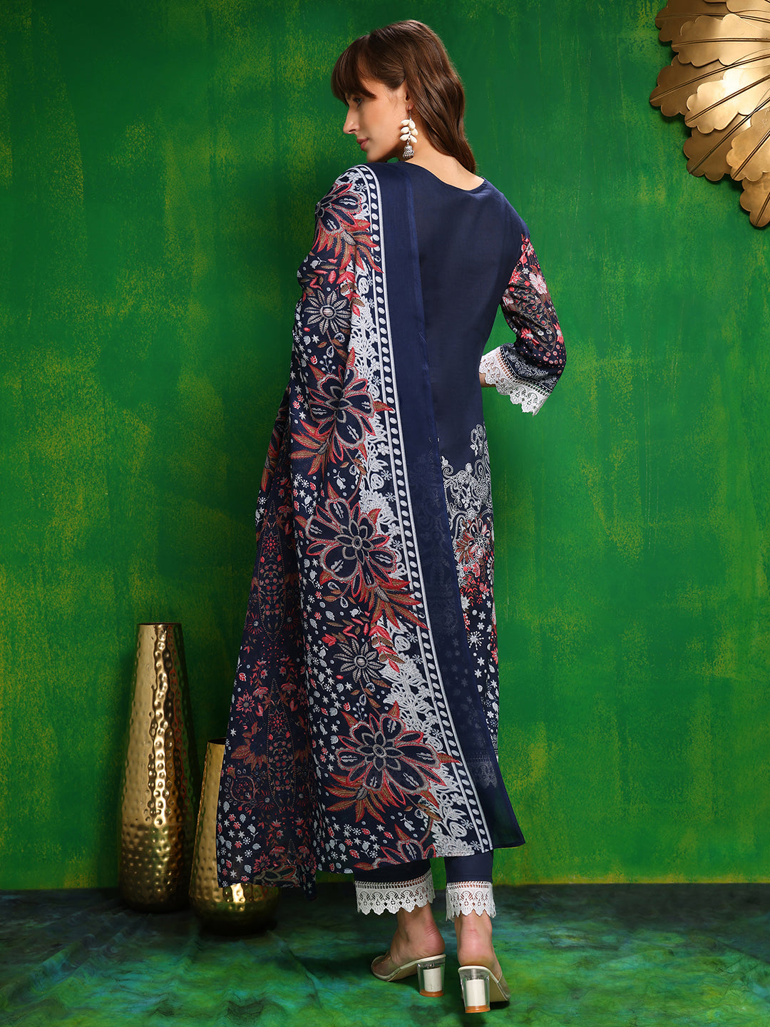 Pakistani Printed Kurta With Pant & Dupatta, Blue - Hiral Fashion