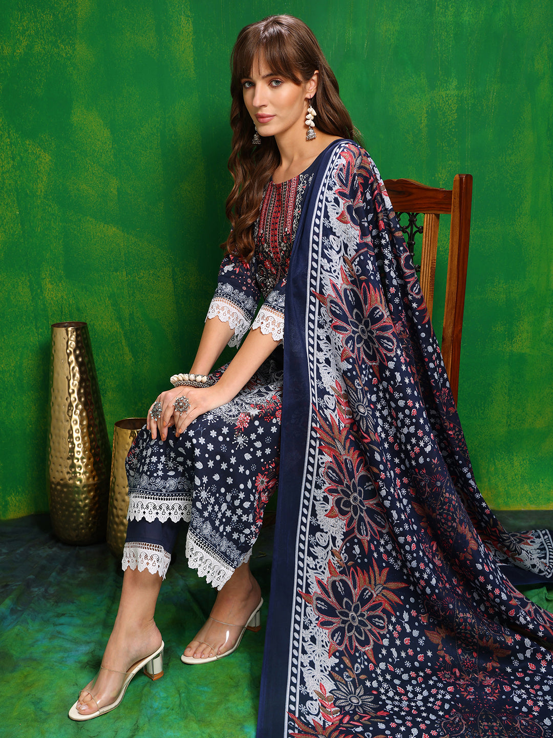 Pakistani Printed Kurta With Pant & Dupatta, Blue - Hiral Fashion