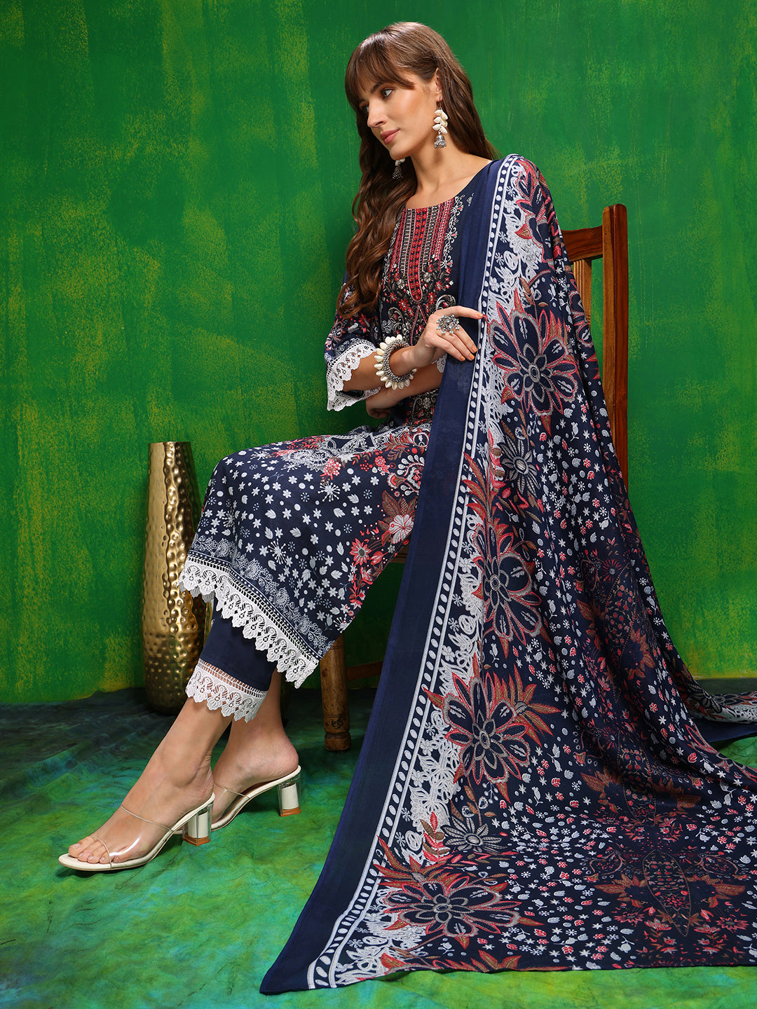Pakistani Printed Kurta With Pant & Dupatta, Blue - Hiral Fashion