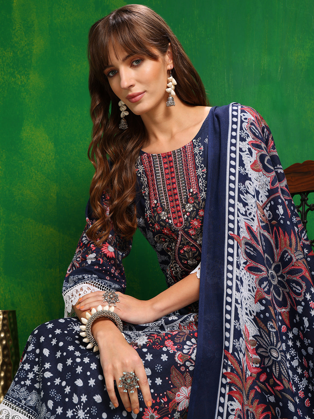 Pakistani Printed Kurta With Pant & Dupatta, Blue - Hiral Fashion