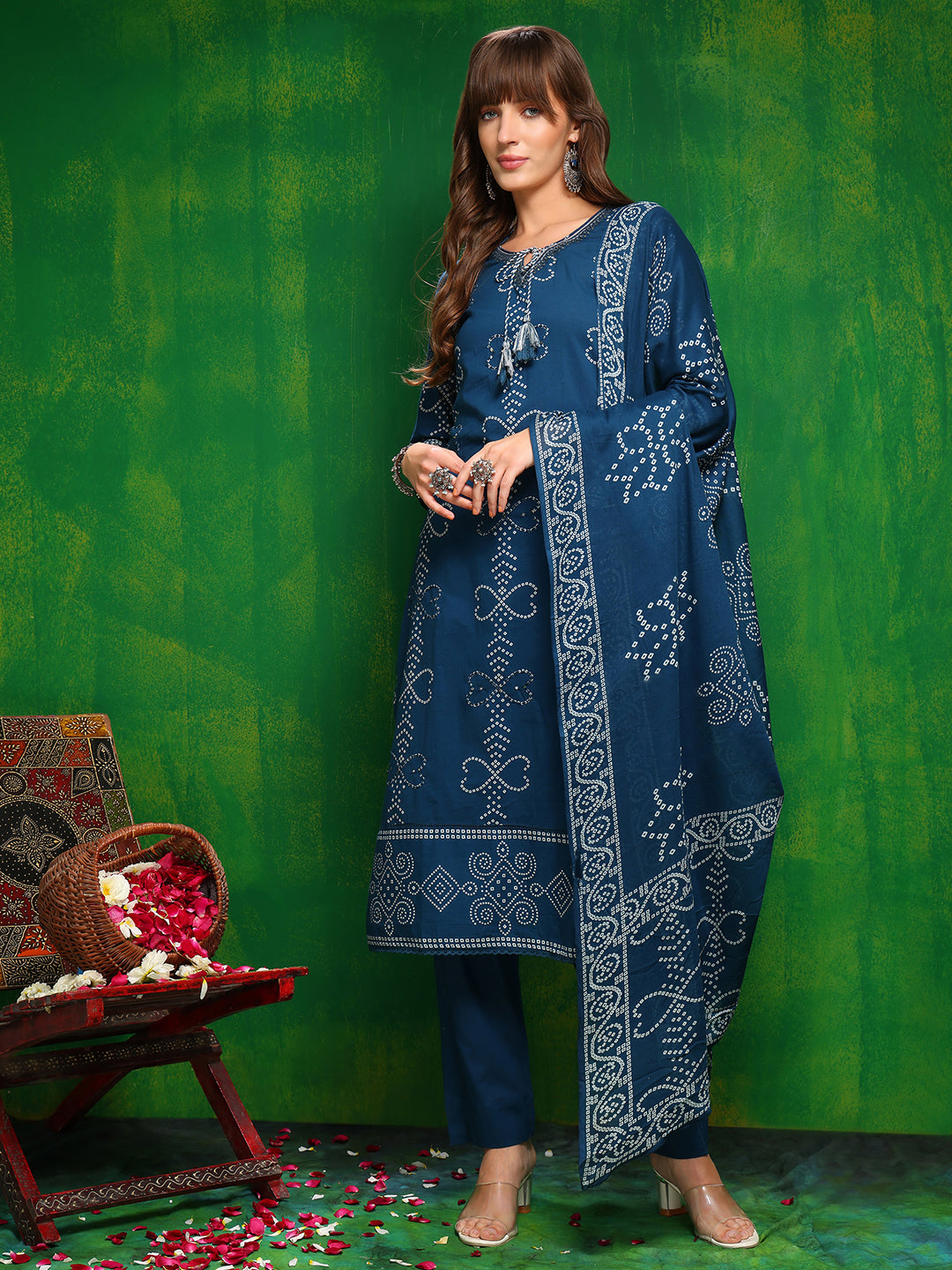 Bandhani Printed And Embroidered Kurta With Pant & Dupatta, Blue - Hiral Fashion