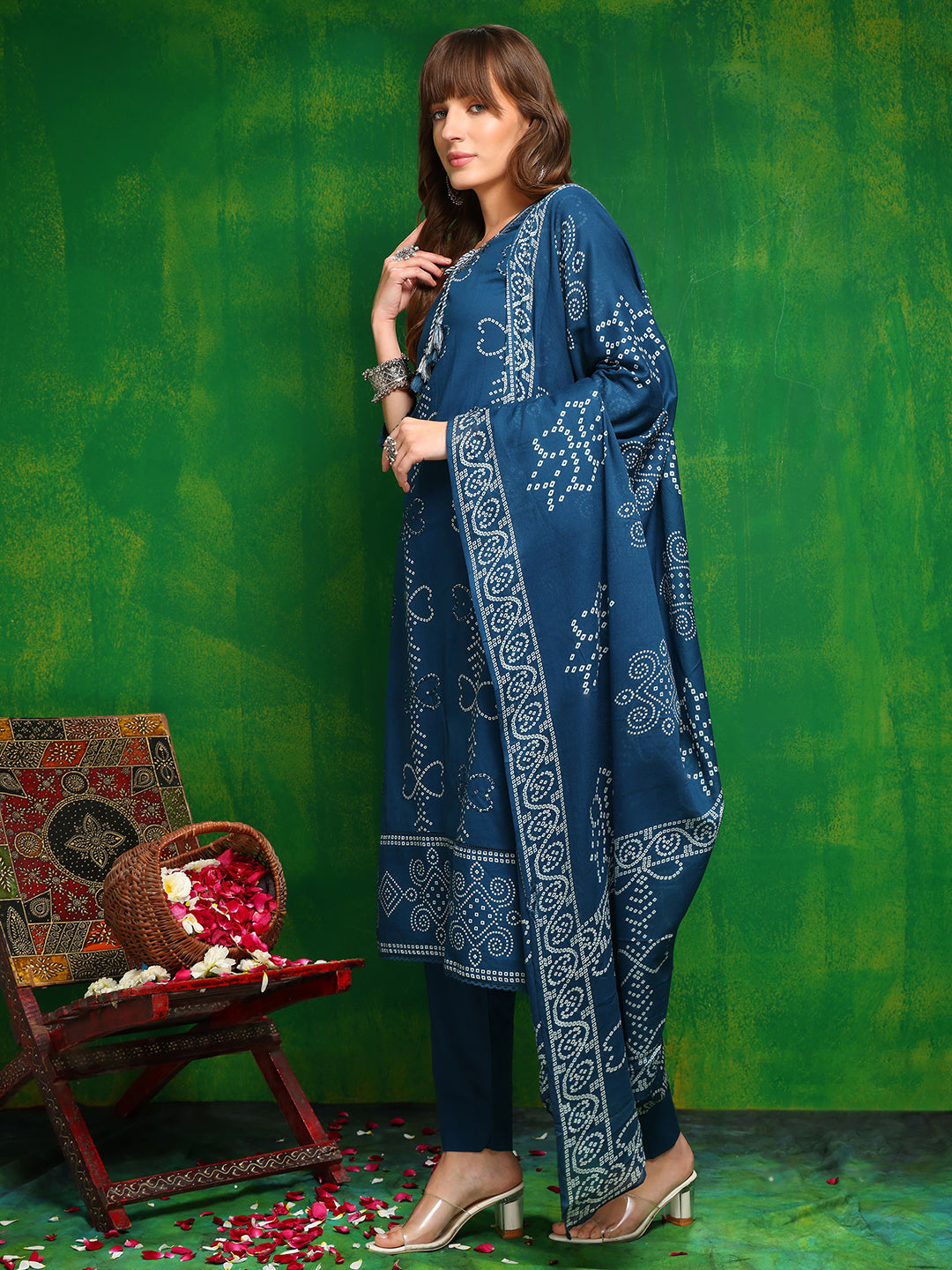 Bandhani Printed And Embroidered Kurta With Pant & Dupatta, Blue - Hiral Fashion