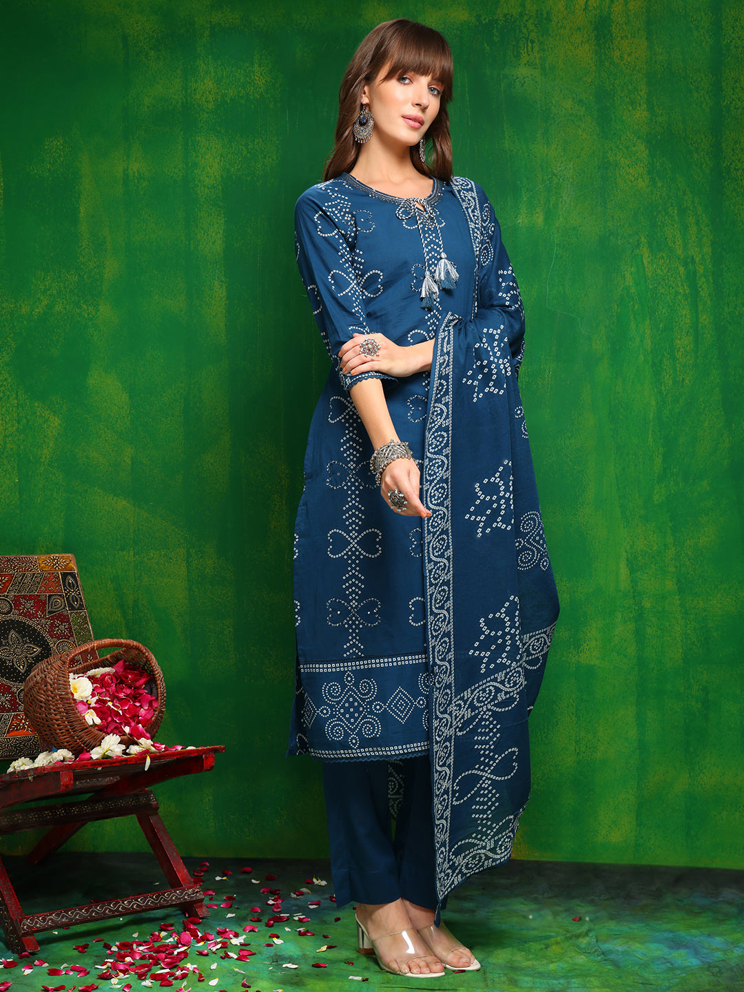 Bandhani Printed And Embroidered Kurta With Pant & Dupatta, Blue - Hiral Fashion