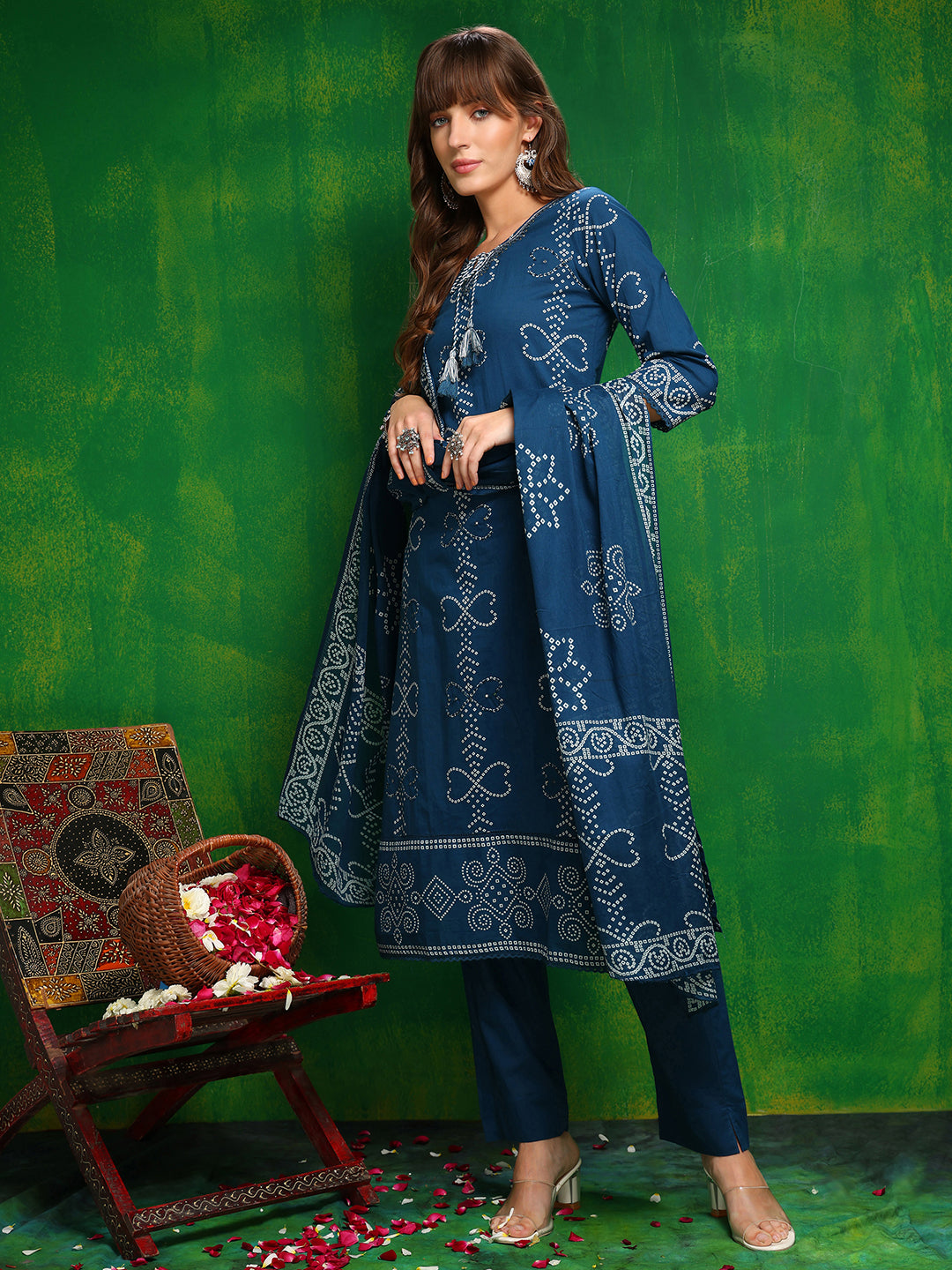 Bandhani Printed And Embroidered Kurta With Pant & Dupatta, Blue - Hiral Fashion