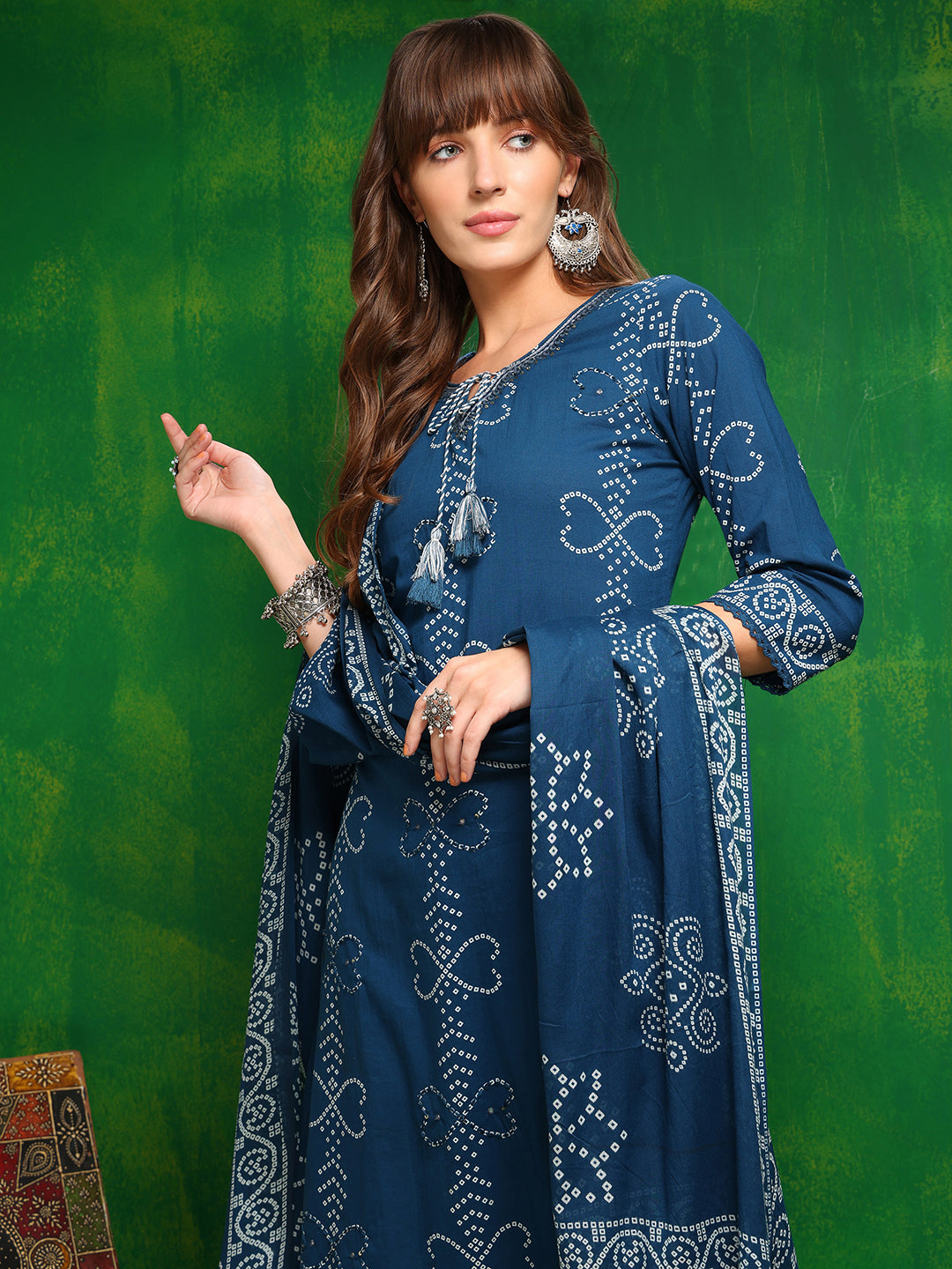 Bandhani Printed And Embroidered Kurta With Pant & Dupatta, Blue - Hiral Fashion