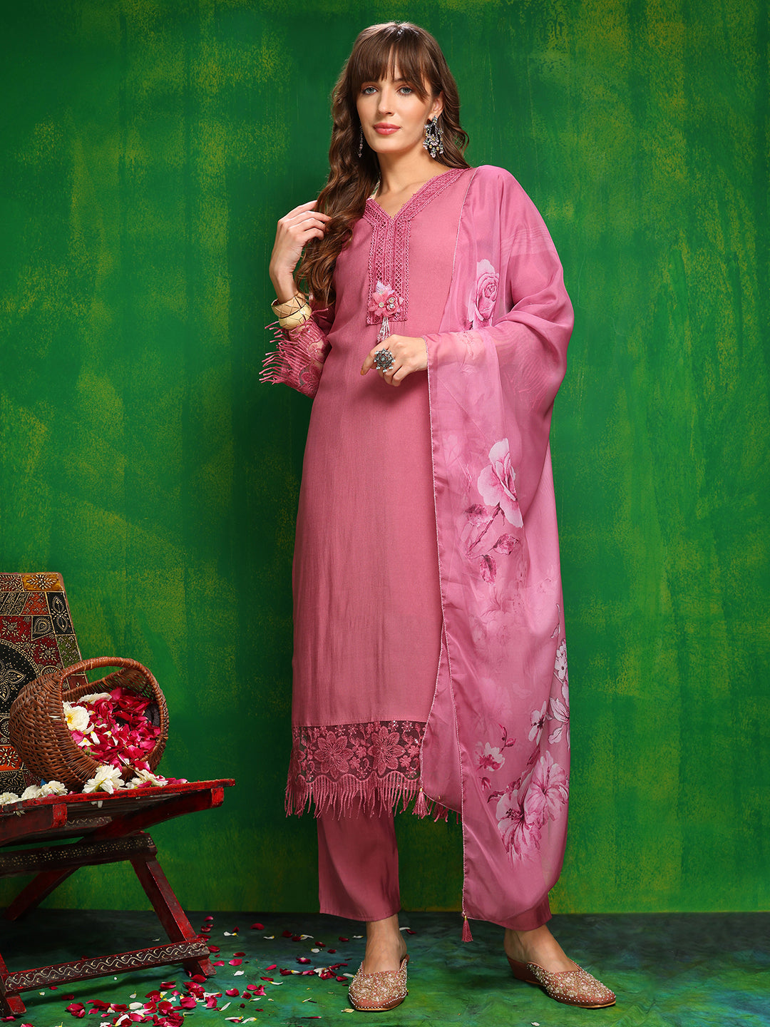 Artificial Flower & Lace Detailing Kurta With Pant & Dupatta, Pink - Hiral Fashion