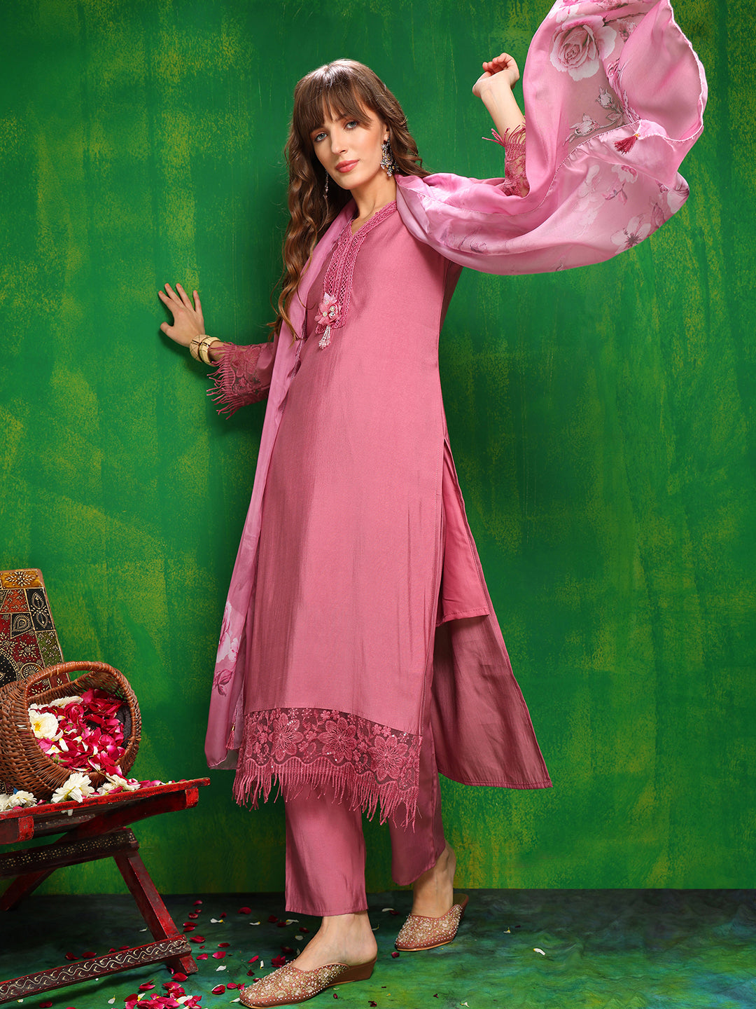 Artificial Flower & Lace Detailing Kurta With Pant & Dupatta, Pink - Hiral Fashion