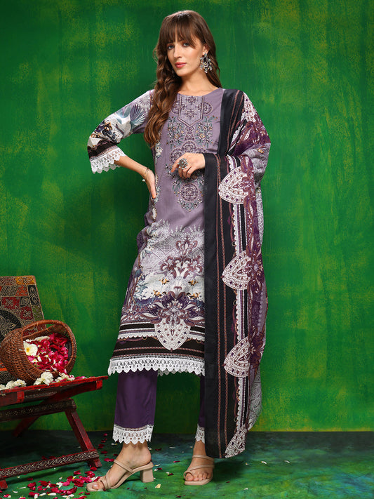 Pakistani Printed Kurta With Pant & Dupatta, Lavender - Hiral Fashion