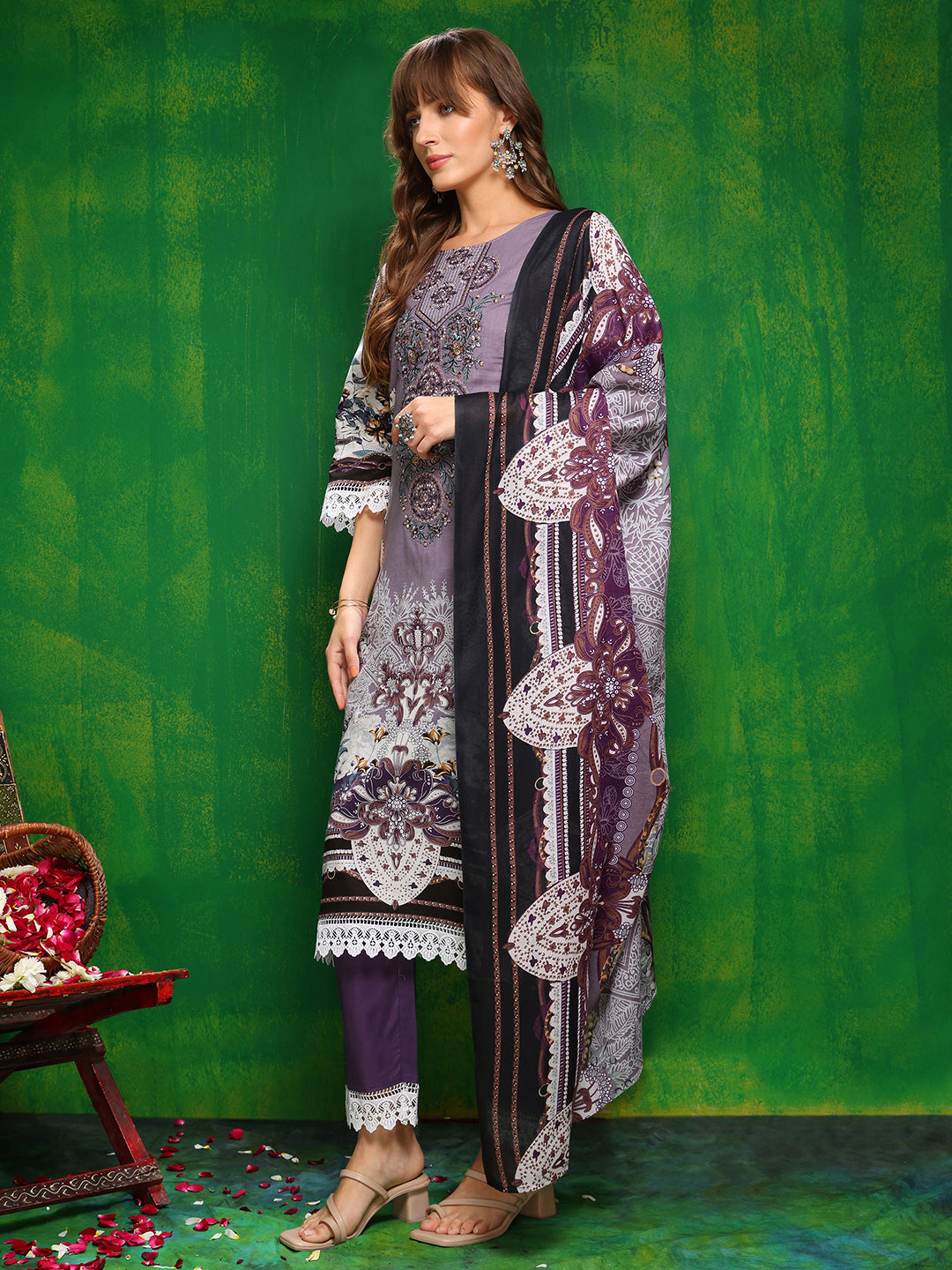 Pakistani Printed Kurta With Pant & Dupatta, Lavender - Hiral Fashion