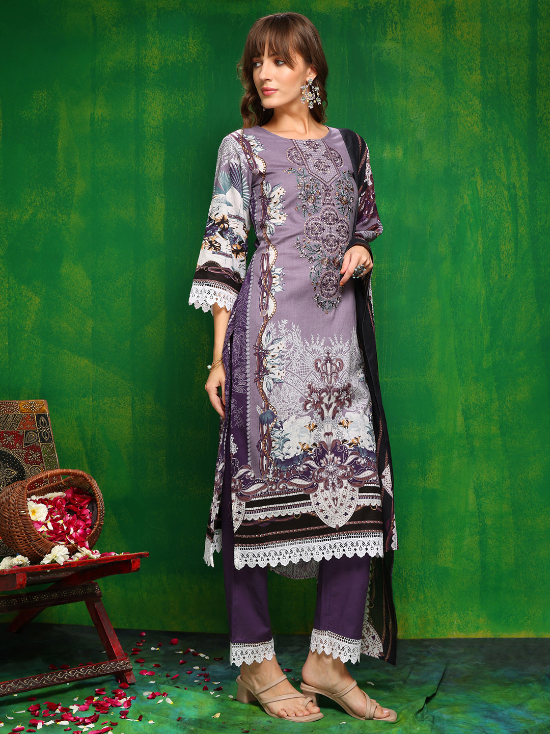 Pakistani Printed Kurta With Pant & Dupatta, Lavender - Hiral Fashion