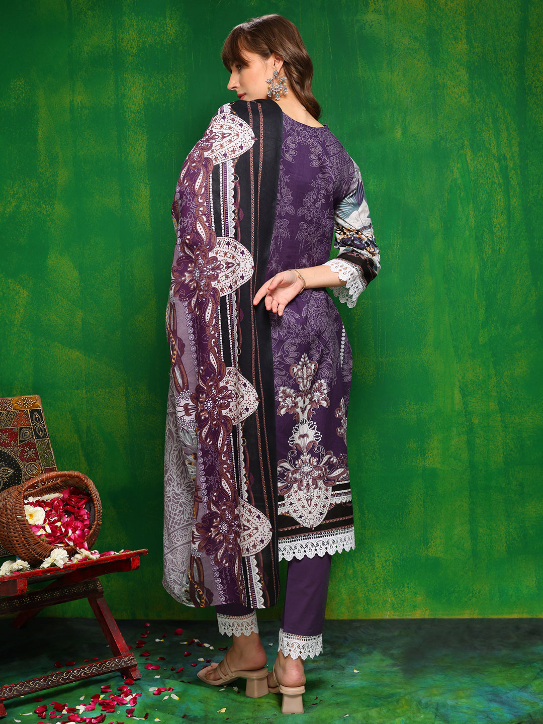 Pakistani Printed Kurta With Pant & Dupatta, Lavender - Hiral Fashion