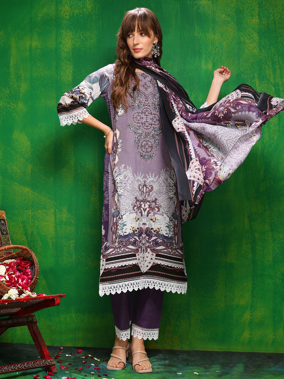 Pakistani Printed Kurta With Pant & Dupatta, Lavender - Hiral Fashion