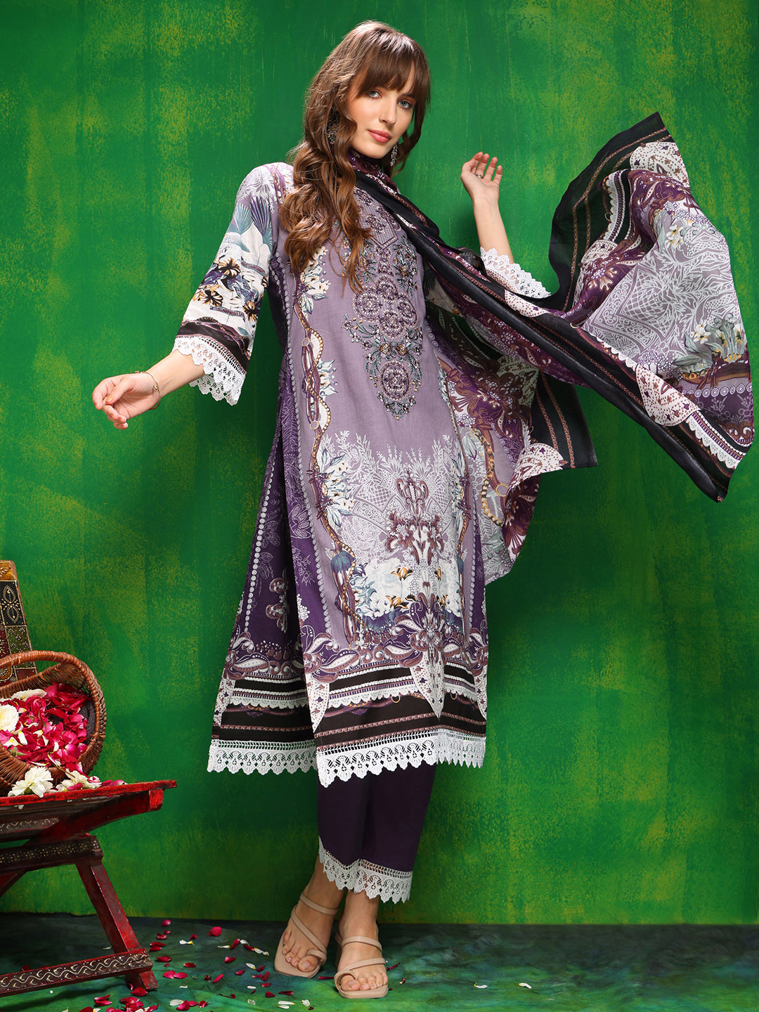 Pakistani Printed Kurta With Pant & Dupatta, Lavender - Hiral Fashion