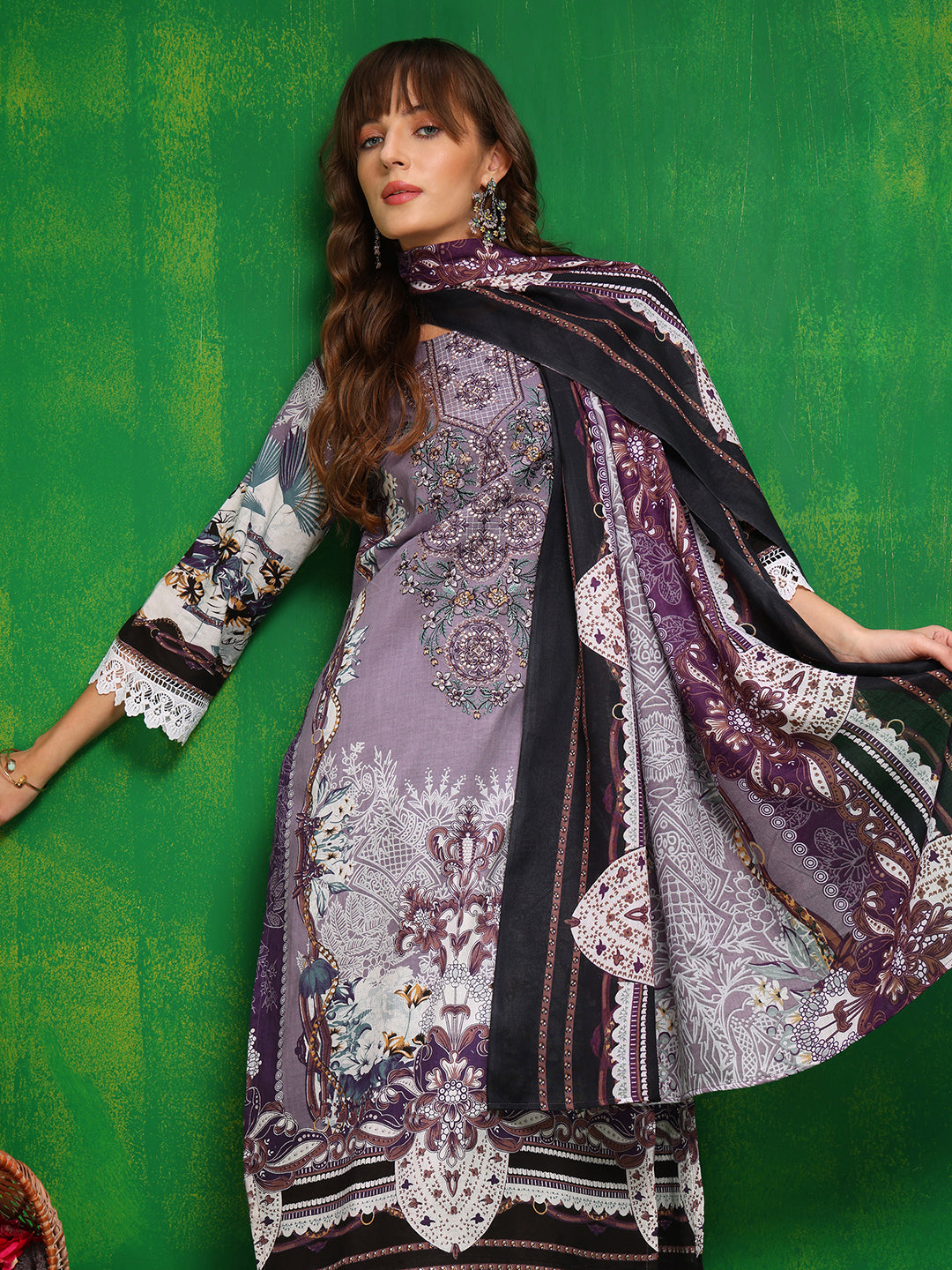 Pakistani Printed Kurta With Pant & Dupatta, Lavender - Hiral Fashion