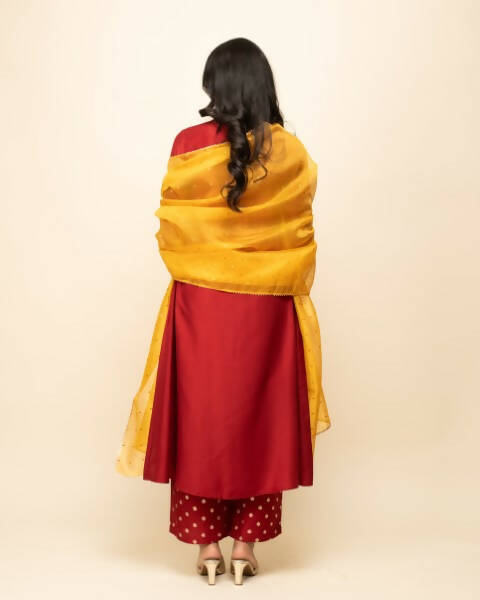 FIORRA Women's Red Silk Blend A-Line Kurta Palazzo Set With Dupatta 