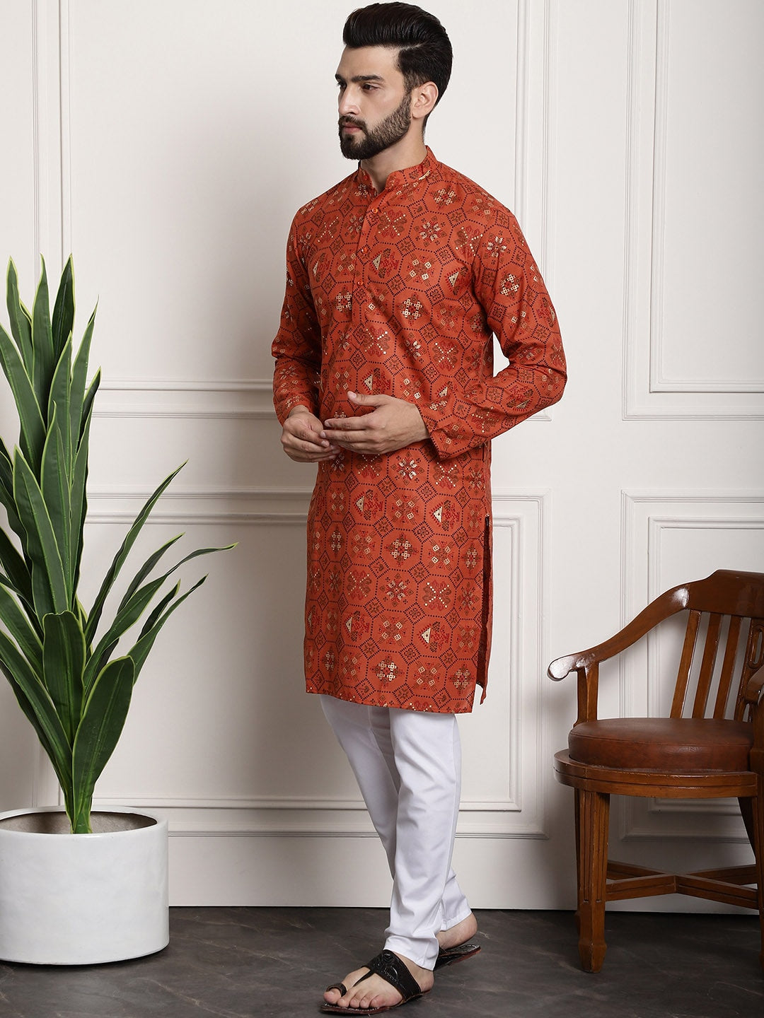 Sojanya Men Orange Printed Cotton Linen Kurta with Churidar 