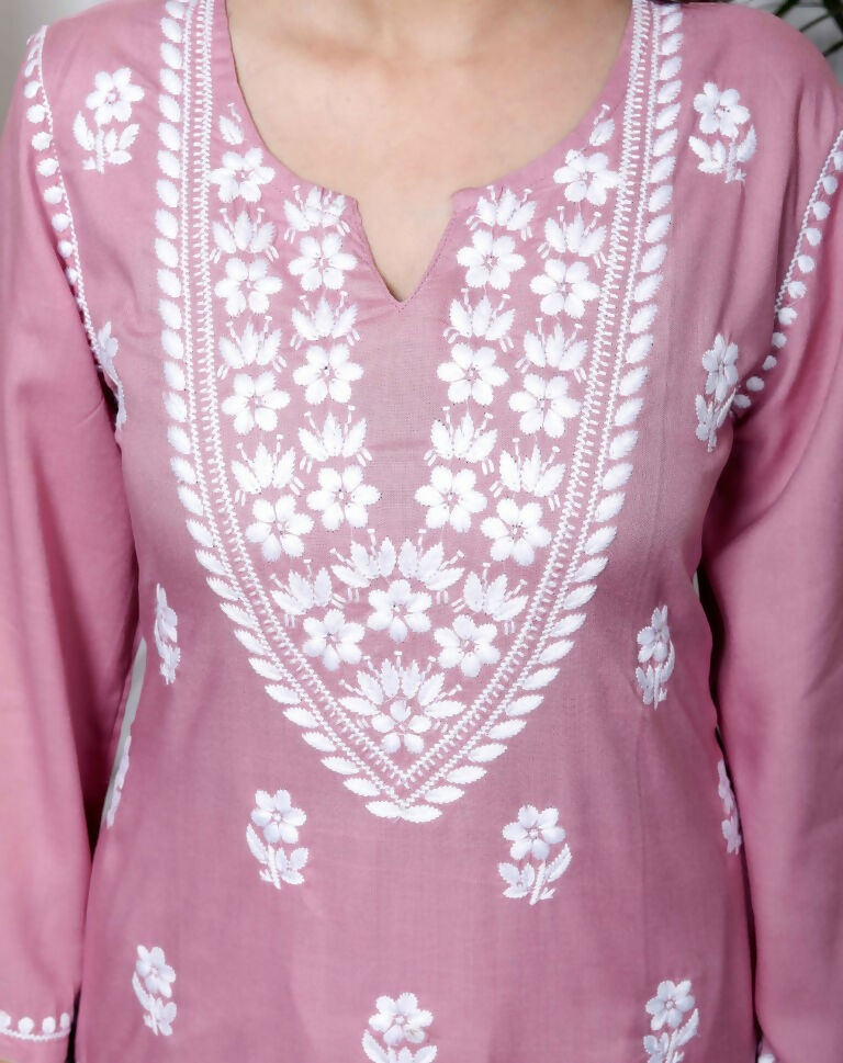 Miravan Women's Chikankari Embroidery Pink Straight Kurta & Palazzo Set 