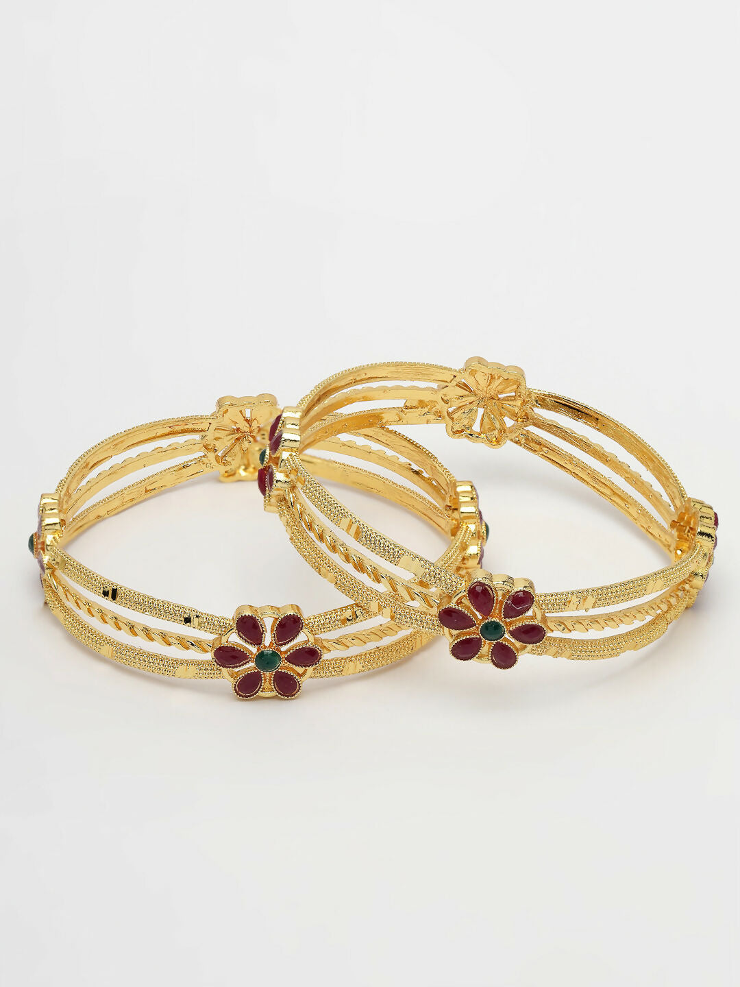 NVR Women's Set of 2 Gold-Polished Artificial Stones Handcrafted Traditional Bangles 