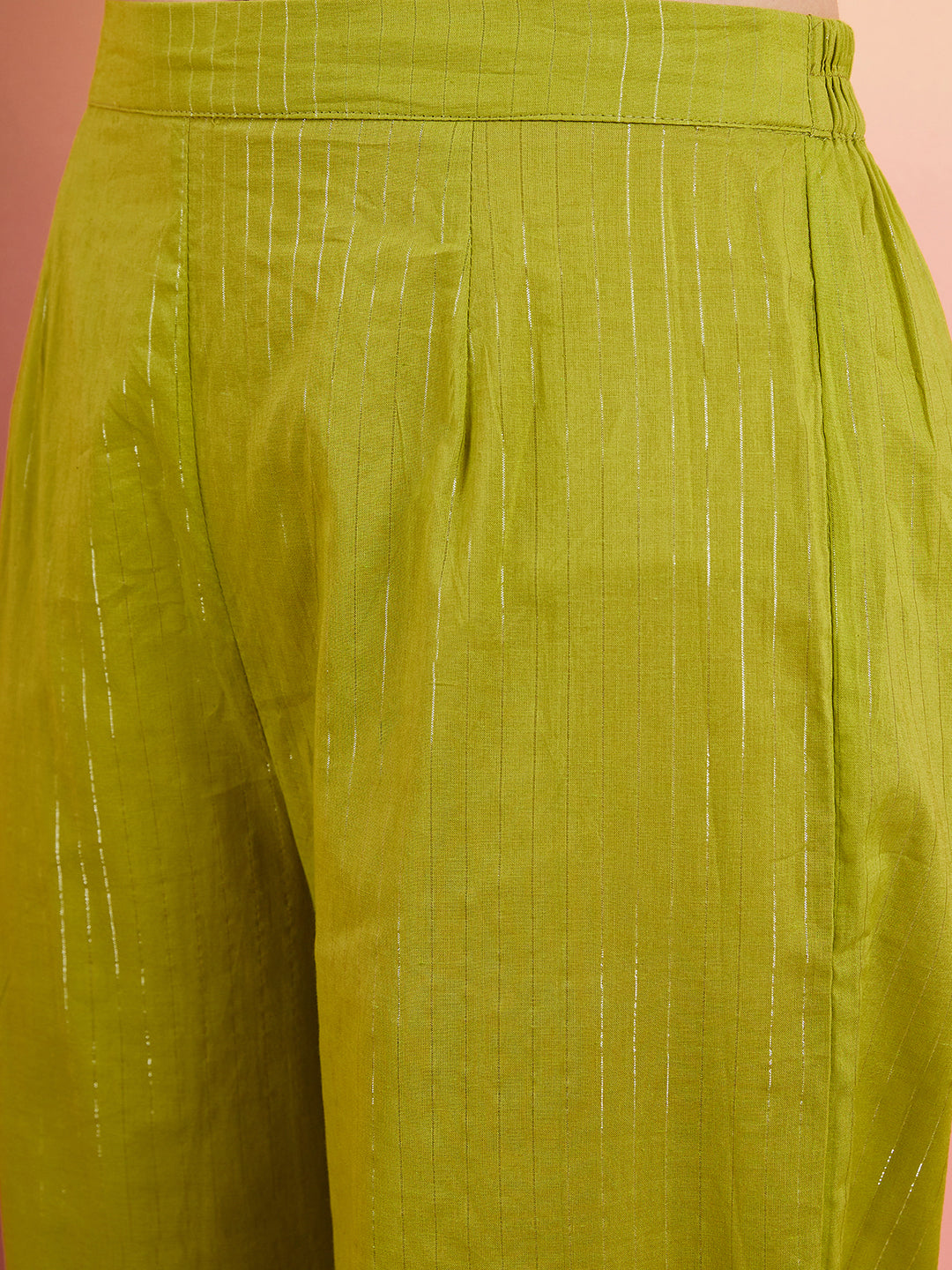InWeave Women's Lime Green Lurex Strappy Straight Kurta Set W Organza Dupatta 
