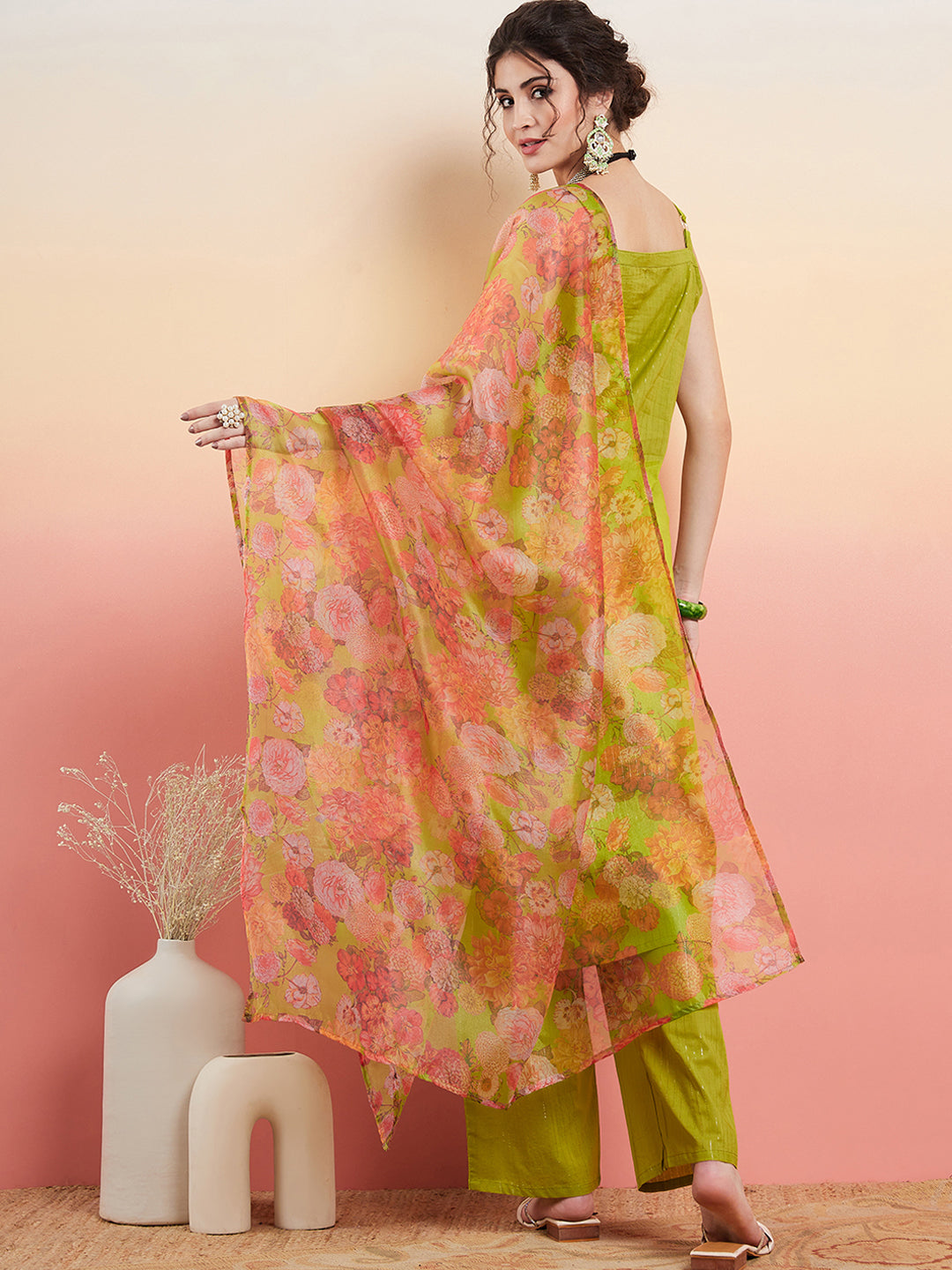 InWeave Women's Lime Green Lurex Strappy Straight Kurta Set W Organza Dupatta 