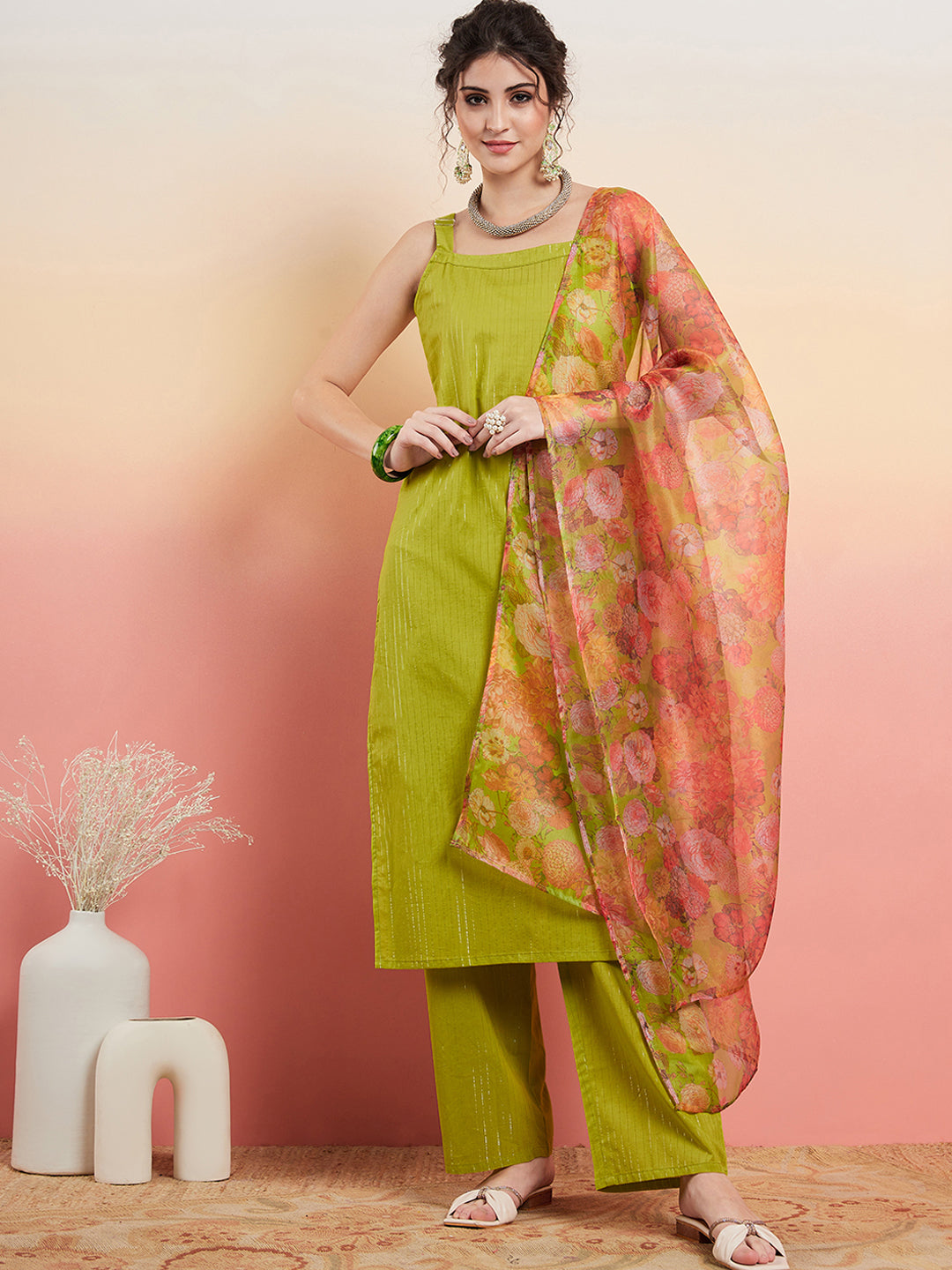 InWeave Women's Lime Green Lurex Strappy Straight Kurta Set W Organza Dupatta 