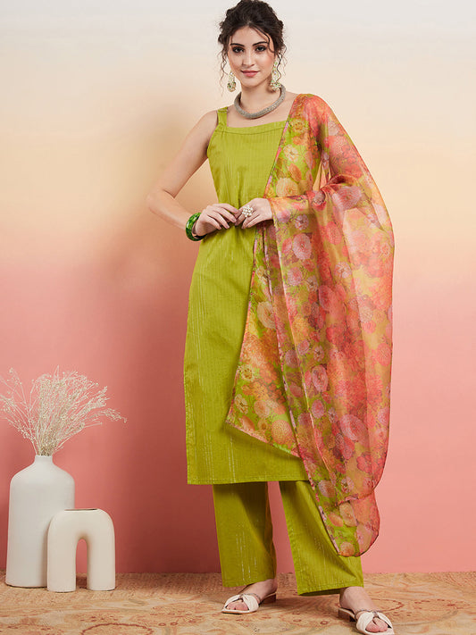 InWeave Women's Lime Green Lurex Strappy Straight Kurta Set W Organza Dupatta 