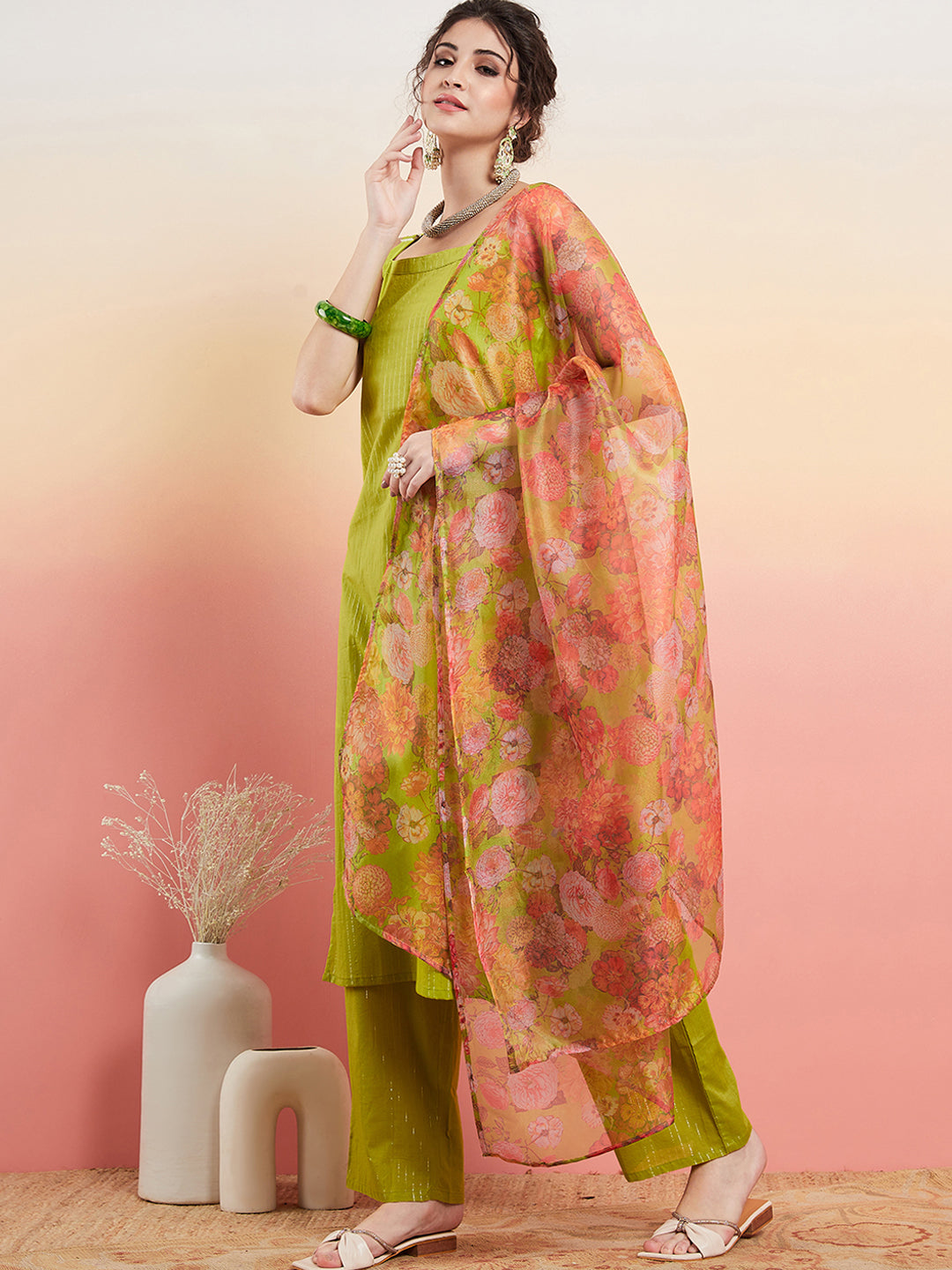 InWeave Women's Lime Green Lurex Strappy Straight Kurta Set W Organza Dupatta 
