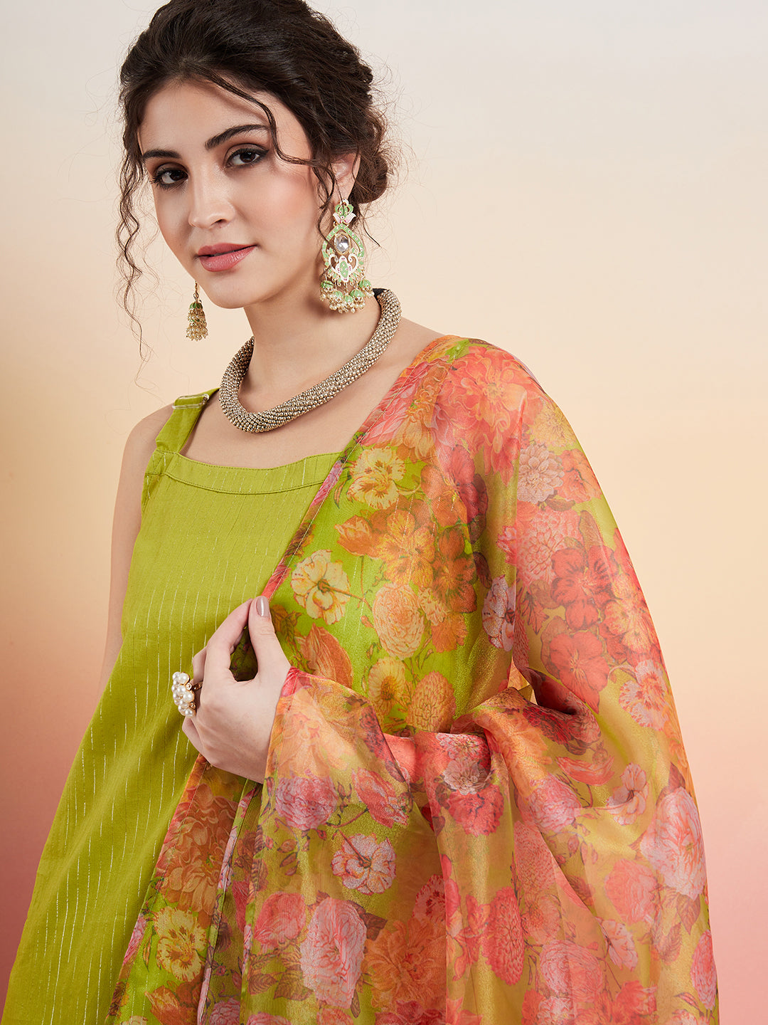 InWeave Women's Lime Green Lurex Strappy Straight Kurta Set W Organza Dupatta 