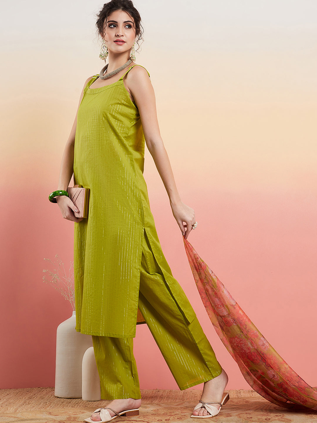 InWeave Women's Lime Green Lurex Strappy Straight Kurta Set W Organza Dupatta 
