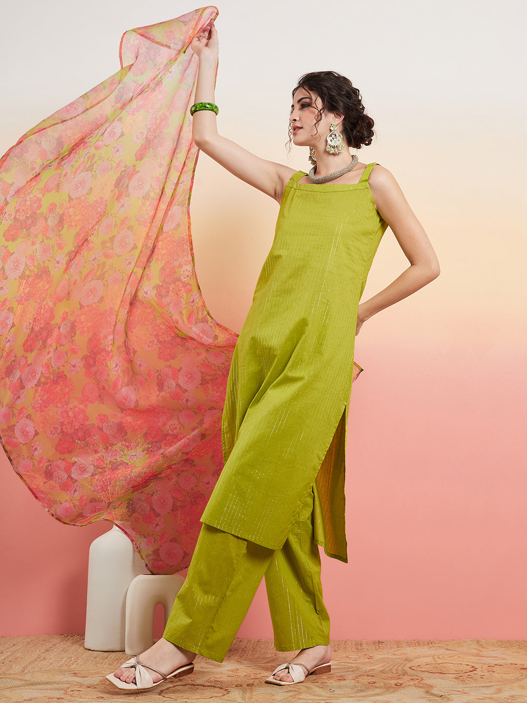 InWeave Women's Lime Green Lurex Strappy Straight Kurta Set W Organza Dupatta 