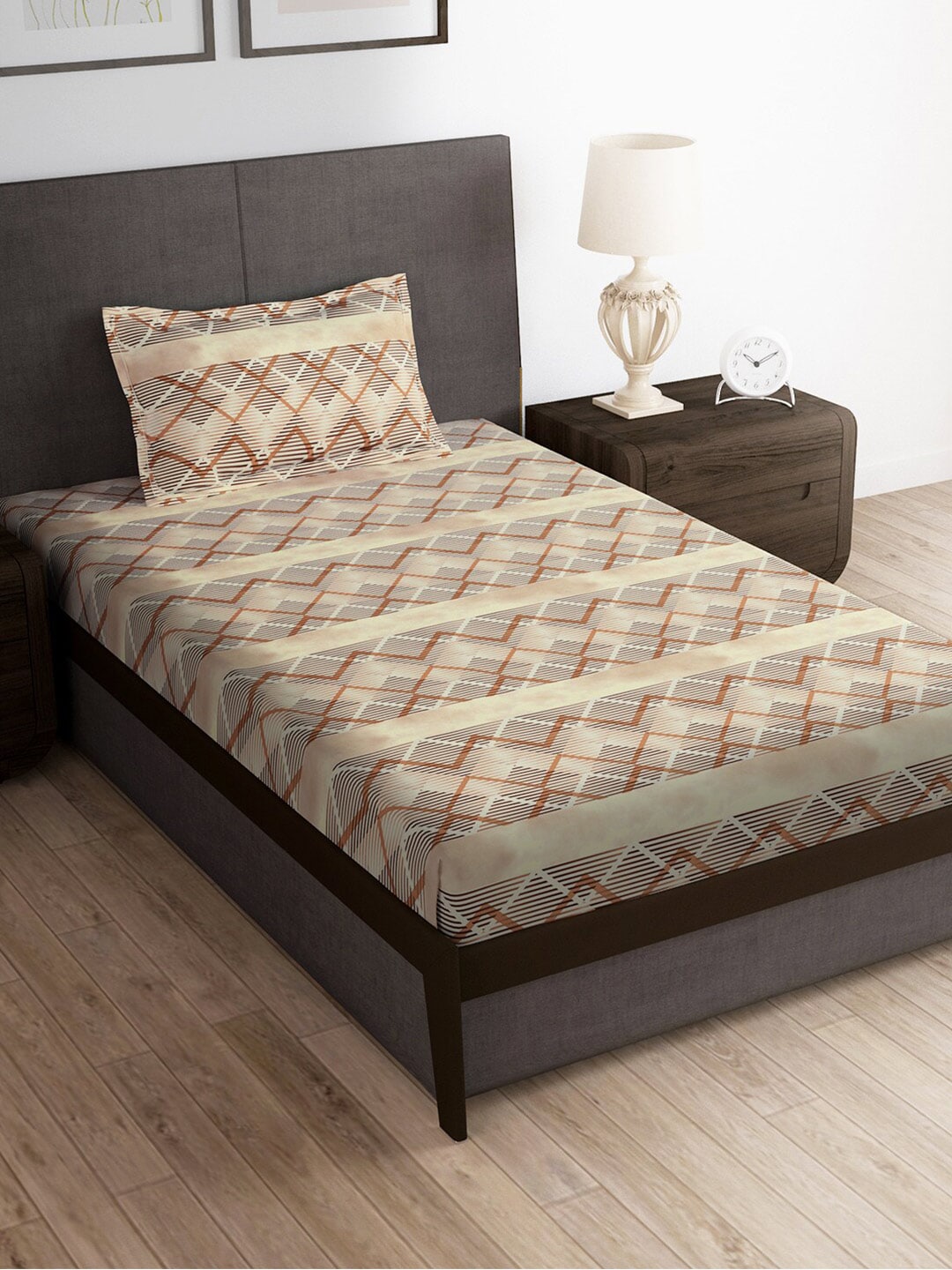 Story@home Brown & White Striped Microfiber 180 TC Bedsheet With Pillow Cover 