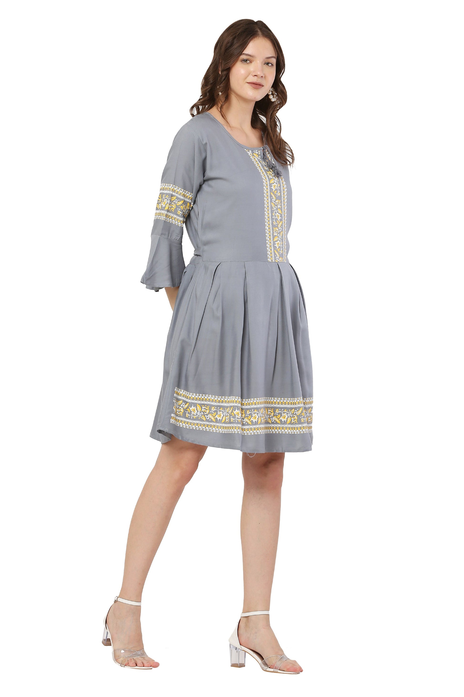 PAVONINE Grey Color Rayon Fabric Printed Short Midi For Girls