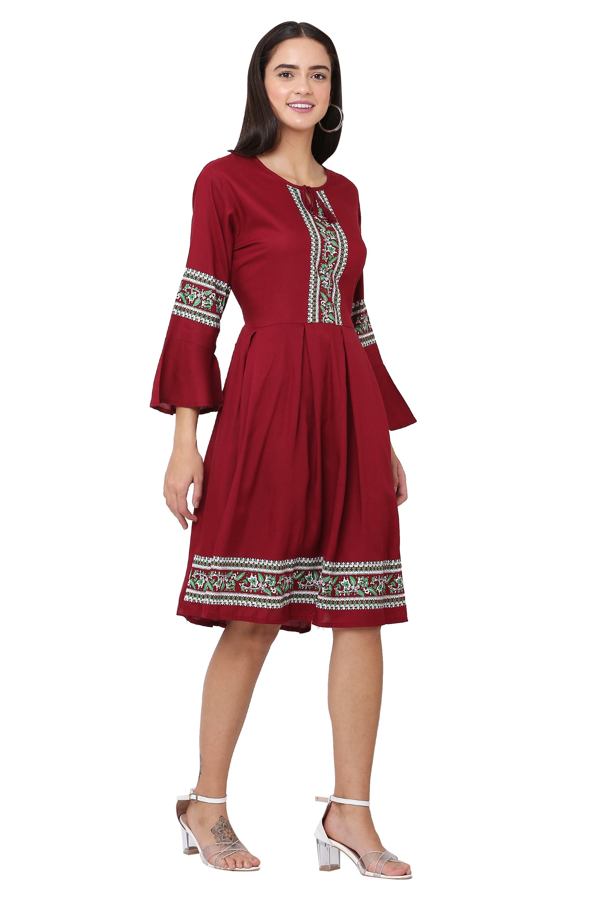 PAVONINE Maroon Color Rayon Fabric Printed Short Midi For Girls