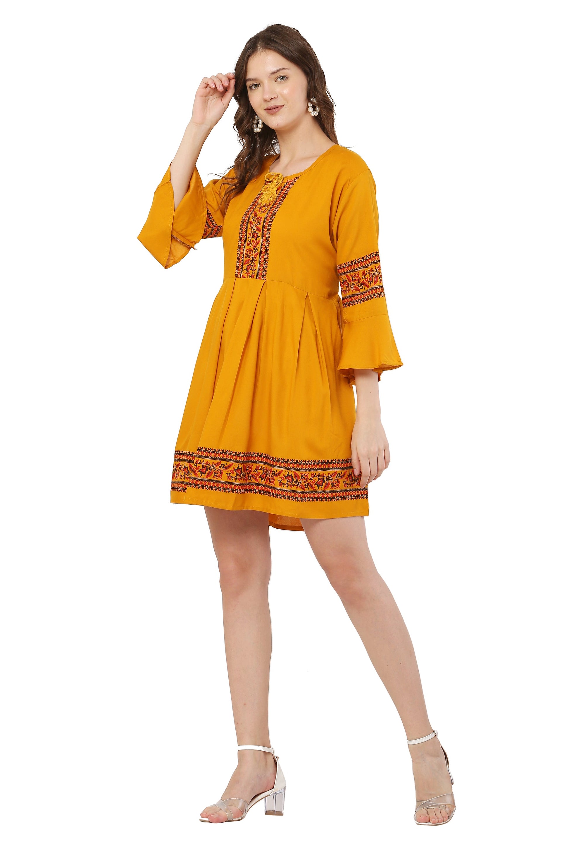 PAVONINE Mustard Color Rayon Fabric Printed Short Midi For Girls