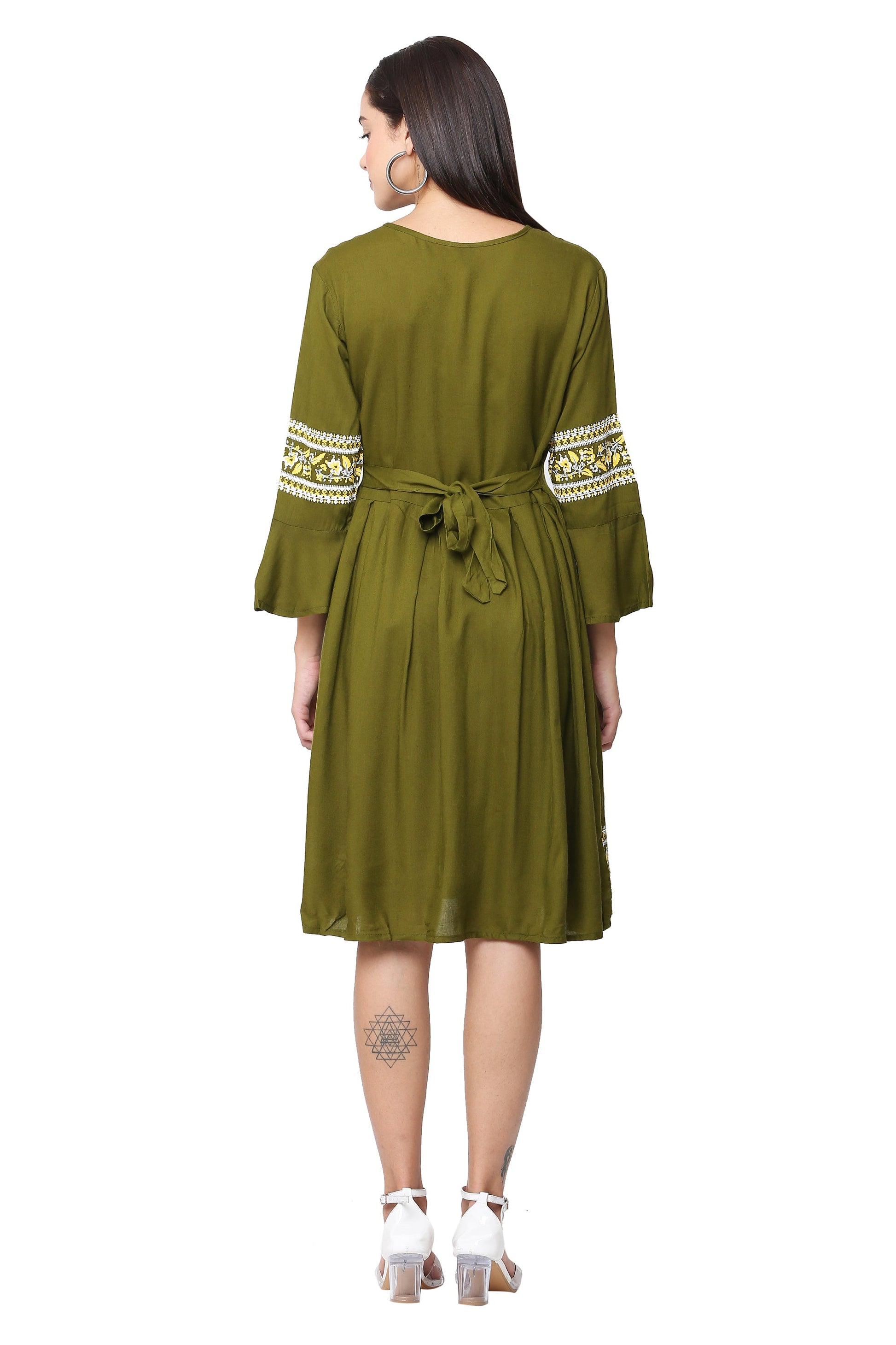 PAVONINE Mehandi Green Color Rayon Fabric Printed Short Midi For Girls
