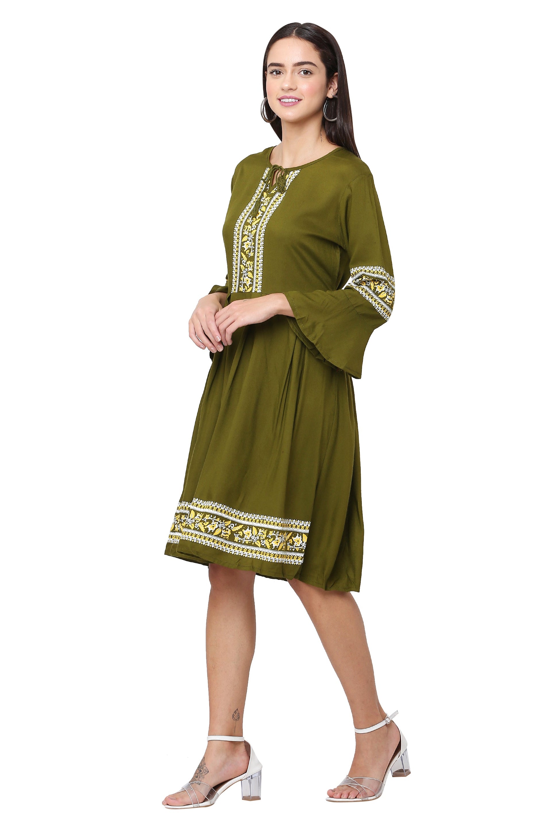 PAVONINE Mehandi Green Color Rayon Fabric Printed Short Midi For Girls
