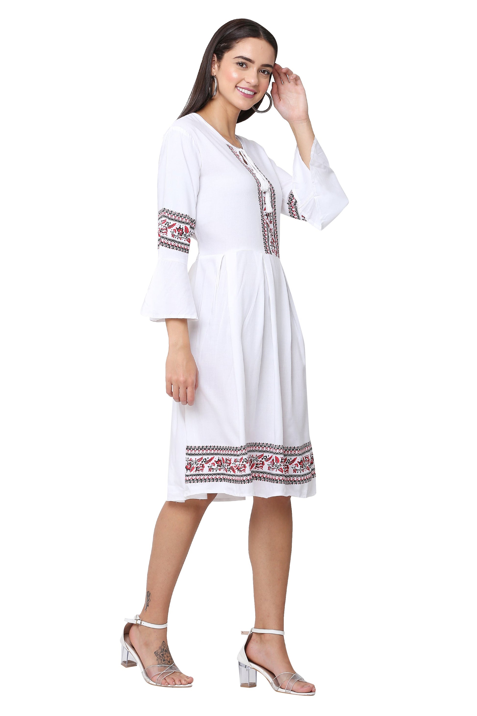PAVONINE White Color Rayon Fabric Printed Short Midi For Girls