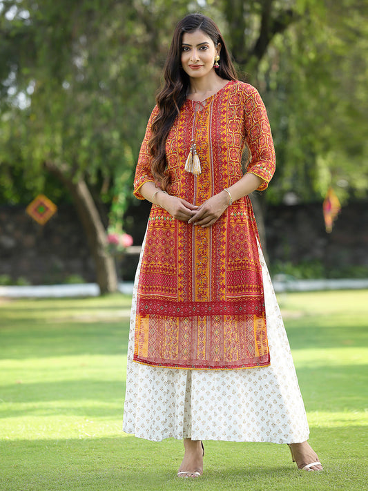 Juniper Womens Mustard Chiffon Printed Straight Kurta | Grab2Buy