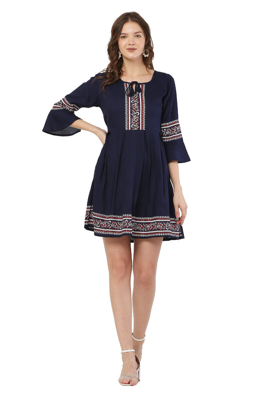 PAVONINE Navy Blue Color Rayon Fabric Printed Short Midi For Girls