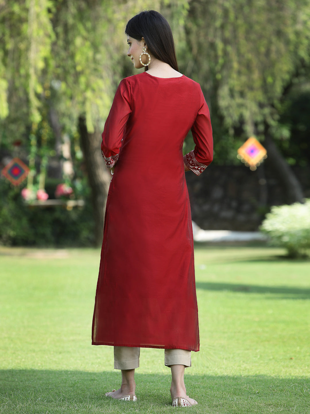Juniper Womens Maroon Modal Chanderi Foil Printed Straight Kurta