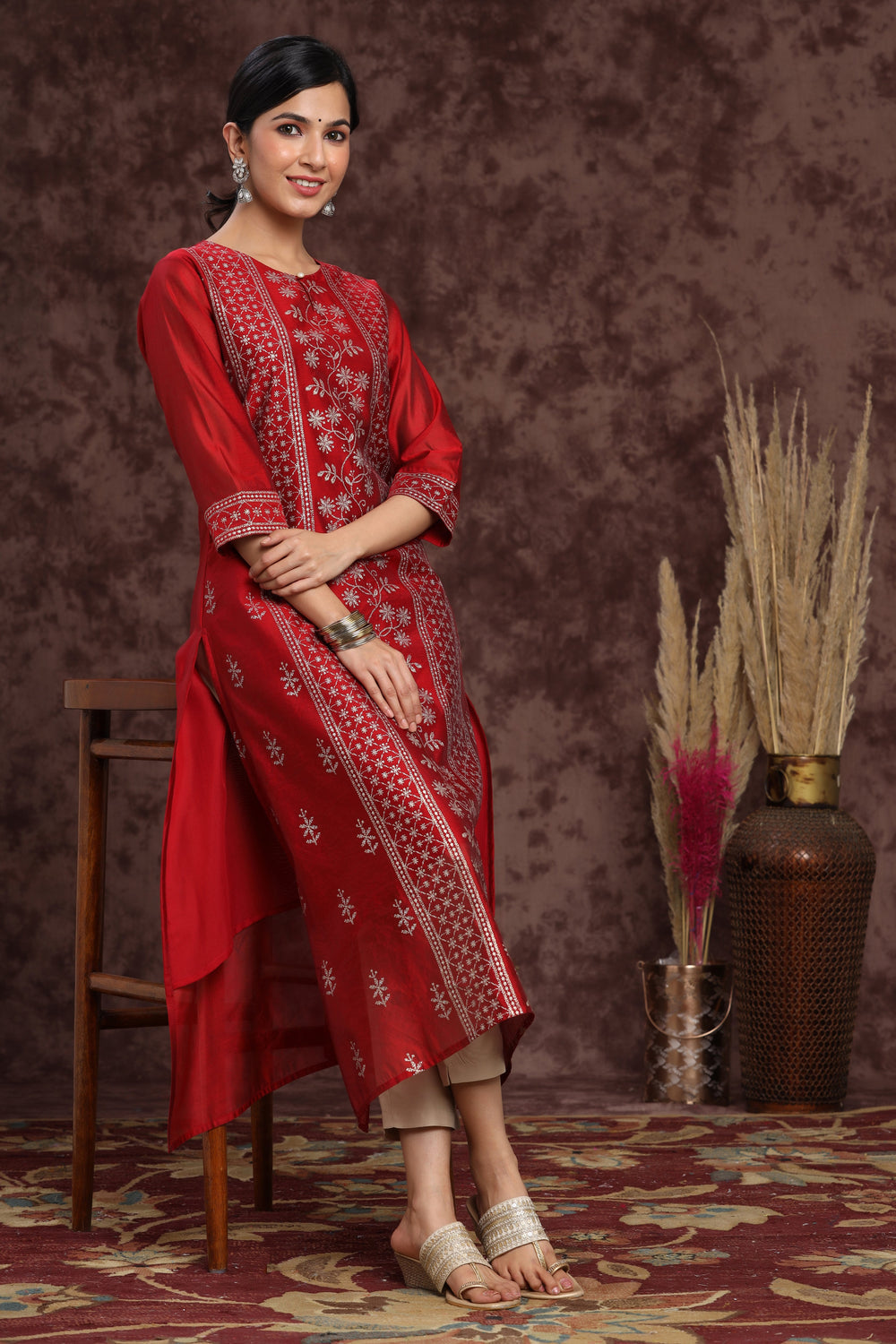 Juniper Women's Maroon Modal Chanderi Printed Straight Kurta