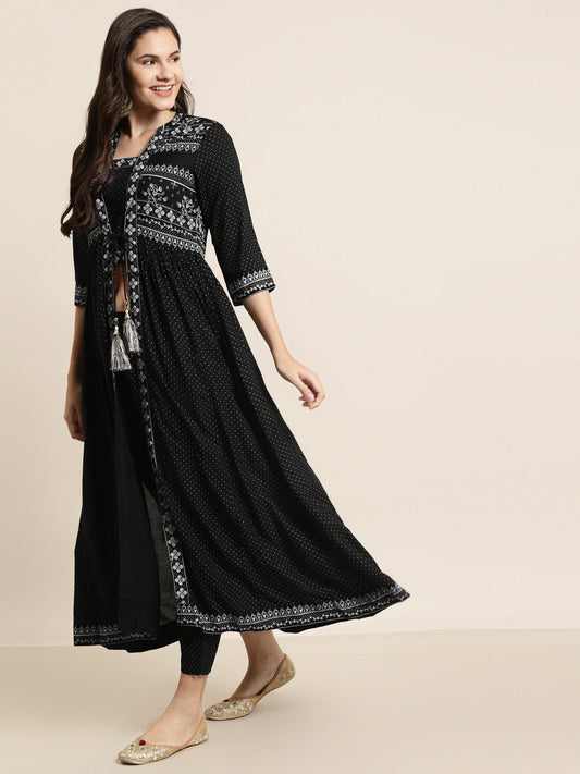 Juniper Women Black Rayon Printed Jacket Style Kurta Sets - Grab2buy