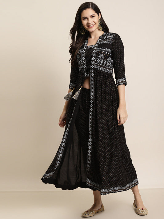 Juniper Women Black Rayon Printed Jacket Style Kurta Sets - Grab2buy