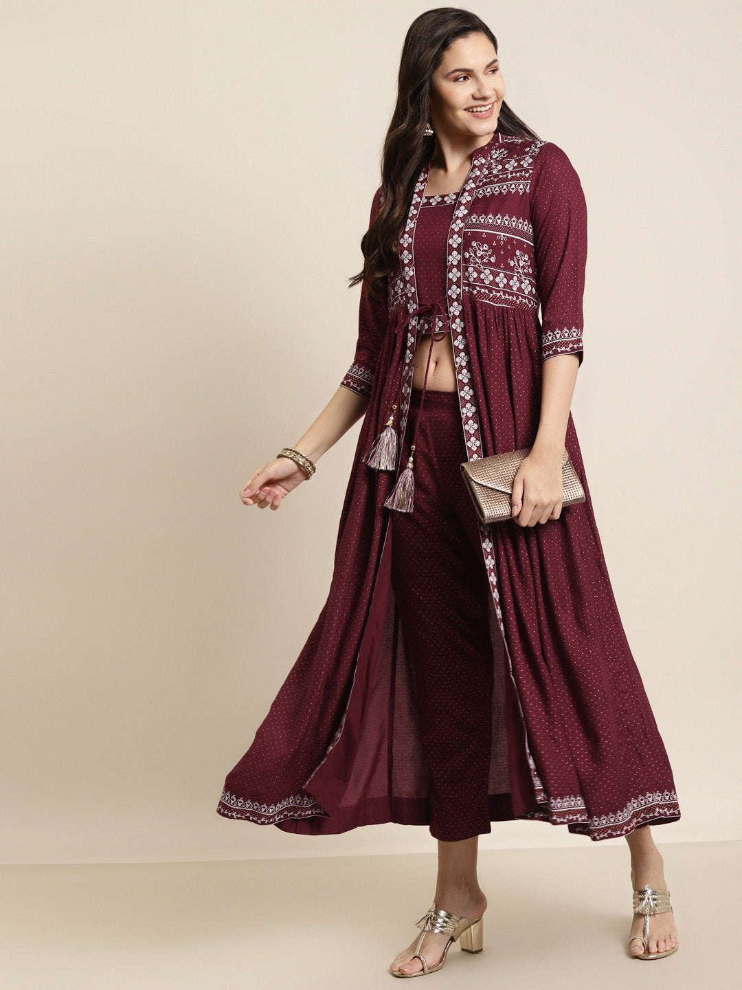 Juniper Women Maroon Rayon Printed Jacket Style Kurta Sets