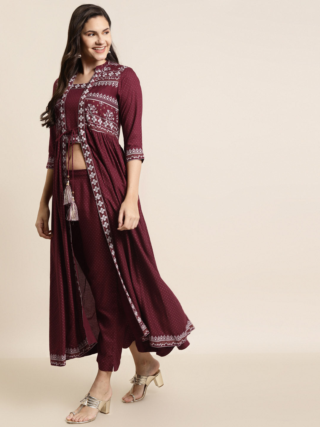 Juniper Women Maroon Rayon Printed Jacket Style Kurta Sets