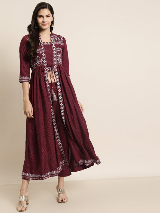 Juniper Women Maroon Rayon Printed Jacket Style Kurta Sets - Grab2buy